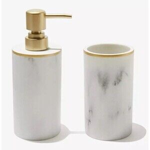 Sunday Citizen Bath Set Resin Faux Marble Soap Dispenser Toothbrush Cup New